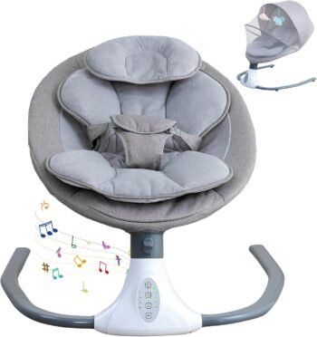 Mecedora Eléctrica para Bebé, Hamaca para Bebé con Mosquitera, Silla Acolchada Multifuncional para Bebés con Mando a Distancia, 12 Canciones de Cuna, 4 Velocidades de Balanceo, Columpio Eléctrico Bebés