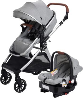 Safety 1st Sistema de Viaje 3en1 - Carriola y Portabebé Elite Ride Gris desde Recién Nacido hasta los 13kg. Carriola, Moisés y Portabebé. Ajuste de respaldo, llantas con giro 360 y suspensión, capota rígida con FPS UV50+, canastilla XL, marco de aluminio, detalles de lujo.