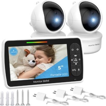 MXNUP Monitor Bebé 5 Pulgadas, Monitor para Bebe con 2 Camara, Alcance de 1000 Pies, Comunicación Bidireccional, Visión Nocturna Infrarroja, Monitoreo de Temperatura, Canciones de Cuna