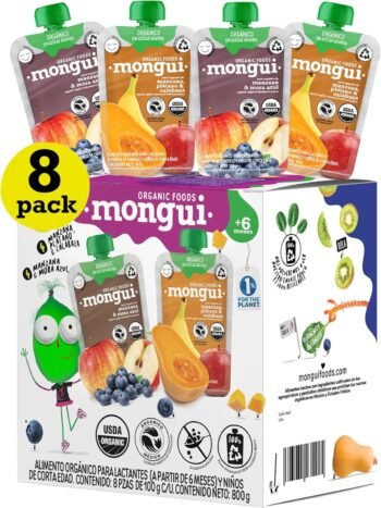 Puré Natural Papilla Orgánica para Bebé | Snacks Saludables Sin Azúcar Añadida | BPA Free | MONGUI (8 Pack, Manzana Mora Azul - Manzana Platano Calabaza)