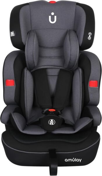 Amulay | Autoasiento para Bebe de 9 a 36 kg | Booster Car Seat con Arnés de 5 puntos, Respaldo Reclinable, Cojín elevador y Reposa cabezas ajustable | Color Gris y Negro