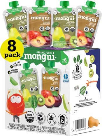 Puré Natural Papilla Orgánica para Bebé | Snacks Saludables Sin Azúcar Añadida | BPA Free | MONGUI (8 Pack, Pera Kiwi espinaca - Manzana Ciruela)