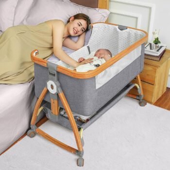 Muja Cuna Multifuncional, Colecho para Padres, Cuna con Mosquitero, Portátil, Ajustable, Convertible a Mecedora, Rueda Silenciosa, Cesta de Almacenamiento(Gris Claro)