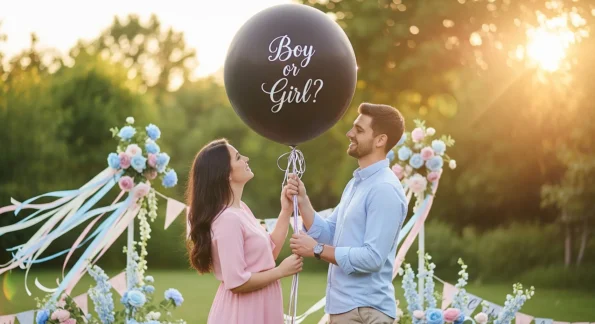 Frases para revelacion de genero - Pareja de futuros padres celebrando una revelación de género con globo gigante boy or girl